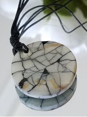 Genuine Natural Stone on Black Leather Pendant Choker Necklace - Handmade NWT